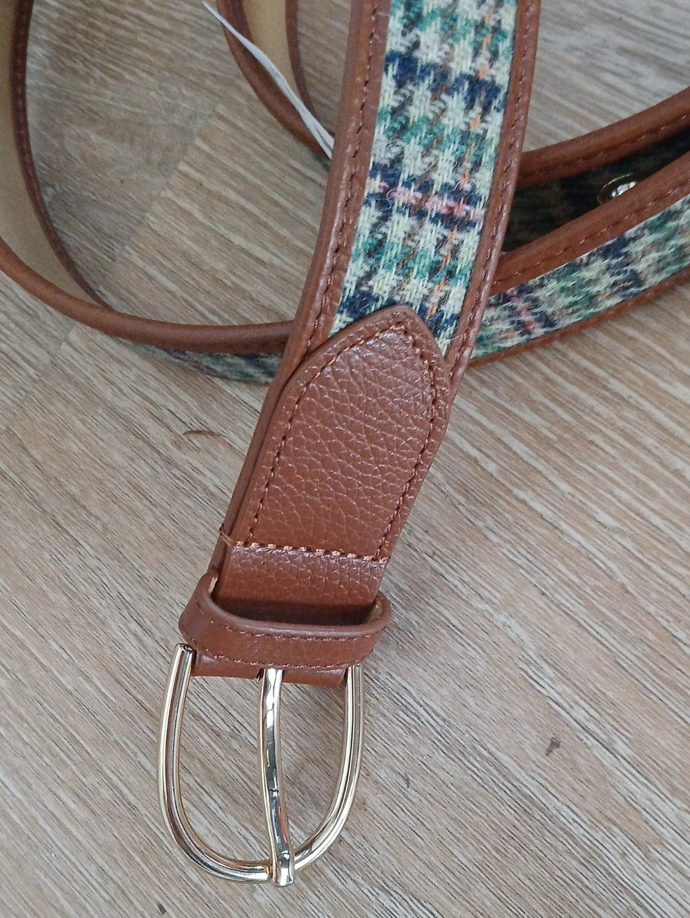 Talbots Belt Hybrid Fabric And Leather Hounds tooth Plaid Gold Tone Hardware XL